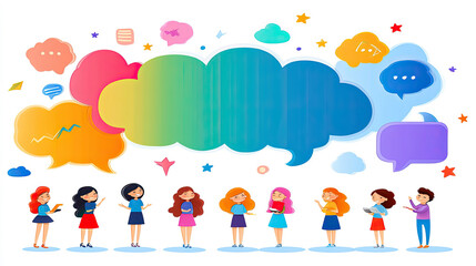 Colorful Illustration of Diverse Individuals Communicating Through Colorful Speech Bubbles in a Vibrant and Playful Setting