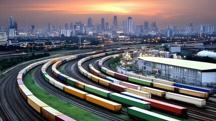Naklejka premium Freight Trains Transporting Cargo Containers on Curved Tracks at Dusk with City Skyline