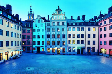 Colorful Buildings Stand Tall in a European City Square at Dusk
