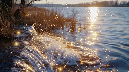 Sparkling water splashes at the riverbank during sunset, with golden reflections and serene nature