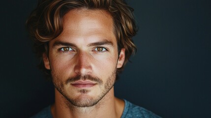 Fototapeta premium Captivating features and penetrating eyes draw attention to a man with chestnut brown wavy hair, presenting a striking aura in a simple yet impactful environment