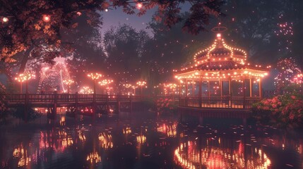 Enchanted evening at a beautifully lit gazebo surrounded by a serene lake and vibrant flora
