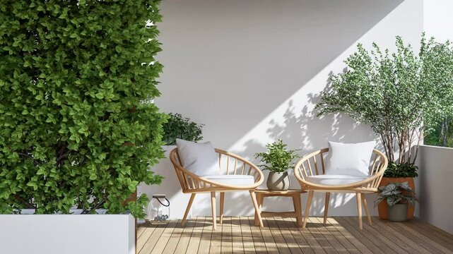Modern contemporary terrace with nature view 3d render There are plank floor, empty white paint wall decorated with wooden chair and tree pot
