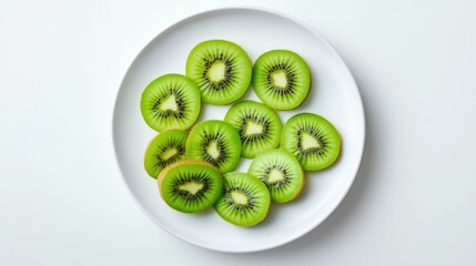 A minimalist plate of fresh kiwi slices, neatly arranged in a simple pattern on a plain white ceramic plate, Kiwi slices centered