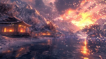 Fototapeta premium Serene winter landscape at sunset with illuminated buildings by a frozen river and snow-covered mountains