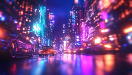Obraz premium Cyberpunk Cityscape at Night: Neon Lights and Rain-slicked Streets