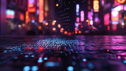 Cyberpunk Cityscape: Neon Lights and Digital Rain Reflecting on Wet Pavement