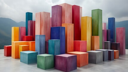 Obraz premium Colorful Blocks Form Abstract Cityscape Against Mountains