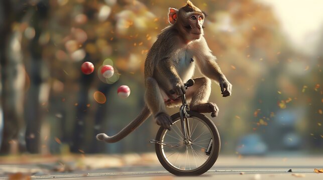 A monkey rides a unicycle with red balls flying around him.