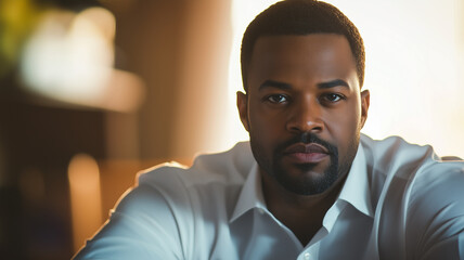 Obraz premium African American businessman listening attentively in a business meeting,