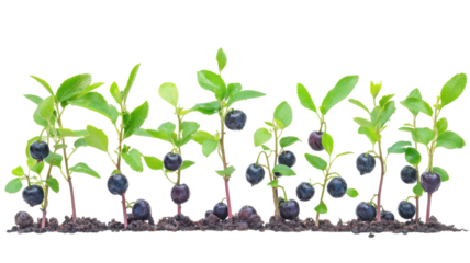 Healthy blueberry plants in various stages of growth with ripe berries ready for harvest in a sunny garden