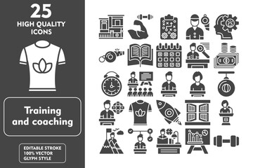 Training and coaching glyph editable icon set. Containing house, strength, strategy, coach, thinking, whistle, open book, schedule, key person and more. Vector illustration icons