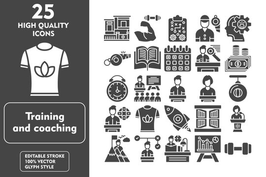 Training and coaching glyph editable icon set. Containing house, strength, strategy, coach, thinking, whistle, open book, schedule, key person and more. Vector illustration icons