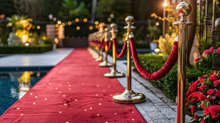 Elegant red carpet event setup by a pool with twinkling lights and lush greenery in the background