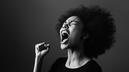 Black afro American woman screaming shouting angry with furious mad emotion raising fist. Protesting against racism and xenophobia