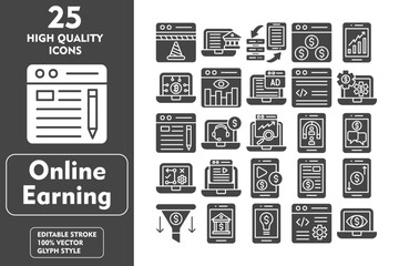 Online Earning glyph editable icon set. Containing website under construction, online banking, data storage, svg, business graph, cryptocurrency and more. Vector illustration icons