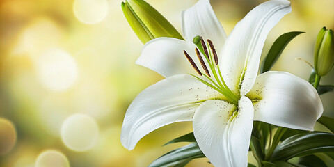A white lily in full bloom with green buds against a softly blurred background, exuding purity, grace, and timeless beauty.