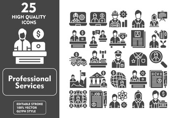 Professional services glyph editable icon set. Containing online workers, online job, worker, man, teacher, office, communication, winner, resume and more. Vector illustration icons
