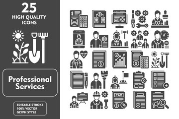 Professional services glyph editable icon set. Containing budgeting, invoice, project management, add task, presentation, engineer, tax consultant and more. Vector illustration icons