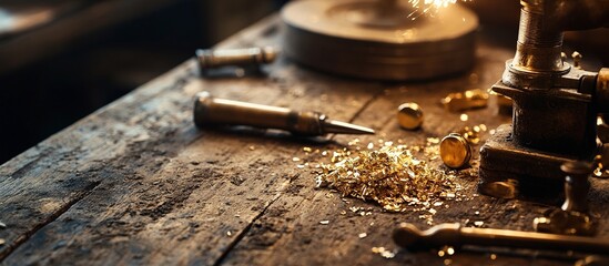 Gold shavings on a workbench with tools.