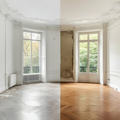 Fototapeta premium Room Transformation Shows Before & After of Renovation with Restored Wooden Floor and Freshly Painted Walls