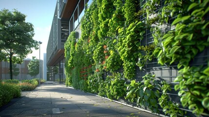 Lush vertical garden on modern building facade with clear sky and vibrant greenery