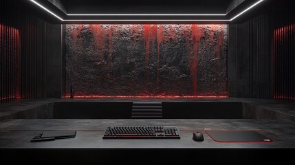 Obraz premium Dark Red Gaming Setup, Modern Room, Lava Wall, Streaming