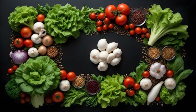 Verduras y legumbres frescas dispuestas en un marco sobre un fondo oscuro, incluidas lechuga, tomates, ajo, lentejas y otras verduras