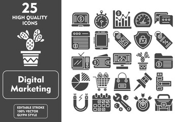 Digital marketing glyph editable icon set. Containing laptop, wallet, pin, pendrive, magnet, calendar, wrench, target, suitcase, stopwatch and more. Vector illustration icons