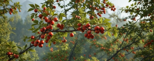 Ripe red berry clusters on rosehip bush branch,  plant life,  foliage