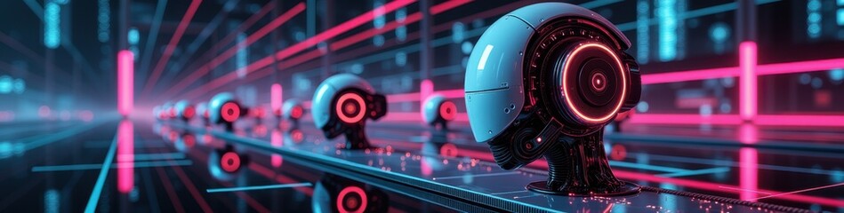 Fototapeta premium Futuristic AI robots connected through vibrant data streams in a neon-lit cyberpunk landscape, showcasing modern science fiction concept.