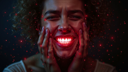 Sensitive teeth concept – A woman holds her jaw, expressing discomfort, with glowing teeth symbolizing pain. Red glowing particles enhance the sensation of sensitivity against a dark background.