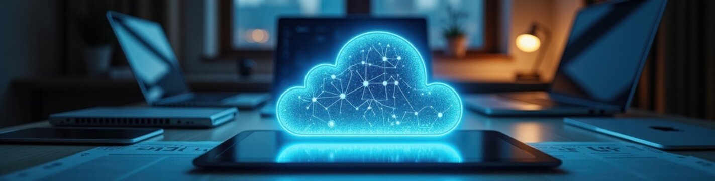 Futuristic digital workspace with glowing data cloud and algorithmic patterns on a tablet, modern technology concept.