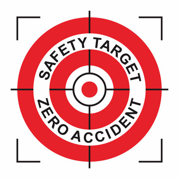 Illustration of aim safety target for achieve zero accident goal. Dartboard with text and crosshair of zoom lens.