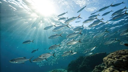 Fototapeta premium School of silvery fish swimming towards the surface where sunlight creates a shimmering effect on the water, sandy floor, fish, coral reef, sea creatures