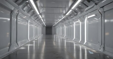 Naklejka premium Sci-fi white light corridor in a metal structure, modern technology, abstract design, high-tech environment, bright space, illuminated pathway