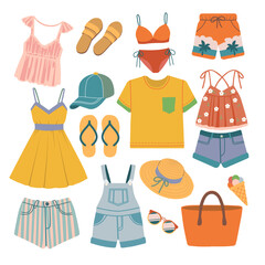set of  summer fashionable clothing including shirts, skirts, pants, and jackets