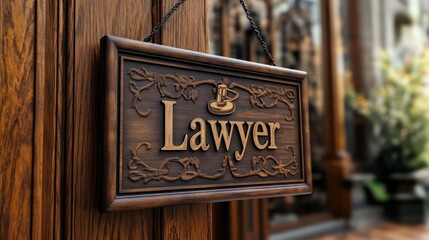 antique wooden nameplate with engraved text "Lawyer" and classic gavel illustration, hanging on the door