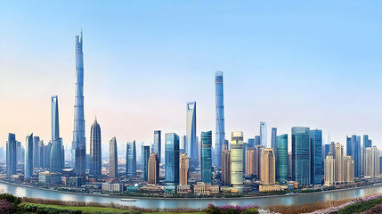 Obraz premium Modern metropolis showcases towering skyscrapers and a tranquil river beautifully.