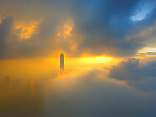 Skyscraper Pierces through Golden Clouds at Sunset, Creating a Dramatic Cityscape View