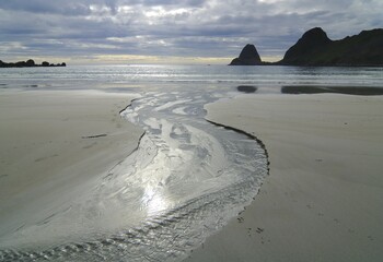 Coast area with sandy beach, Austvagoy, Lofoten, Norway, Scandinavia, Europe