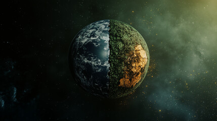 Obraz premium Planet earth with one half destroyed and one half preserved, earth day concept, environment preservation concept