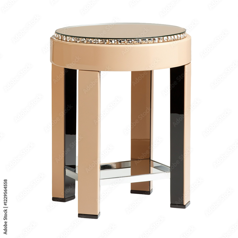 Poster Elegant Round Side Table with Mirrored Surface and Decorative Edge isolated on white background or PNG 