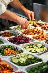 Obraz premium A chef is preparing an array of colorful salad dishes on white plates, each with unique fillings and garnishes