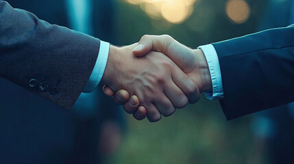 Two Business Professionals Shake Hands in Agreement During an Outdoor Meeting at Sunset in a Tranquil Setting