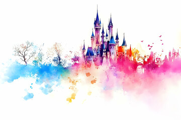 Majestic Castle Watercolor Painting with Colorful Splashes and Birds