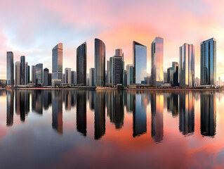 Fototapeta premium Modern City Skyline Reflects in Calm Water during a Vibrant Sunset
