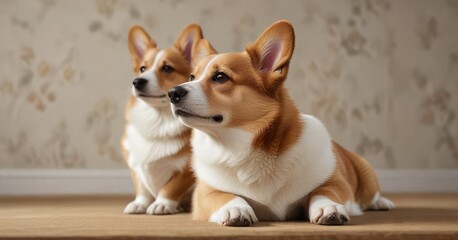 Side view of welsh corgi dog sitting politely with paws neatly crossed, disciplined, composed