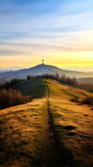 Golden grassy path leads to a hilltop cross at sunset, creating a serene landscape.