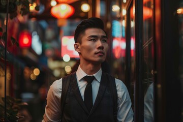 Fototapeta premium Young businessman walking and looking away in a chinatown street at night